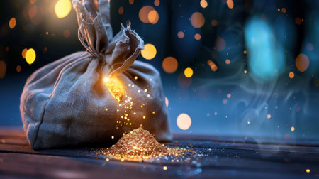 This captivating image features a magical bag spilling golden dust on a rustic wooden surface. Soft bokeh lights enhance the enchanting atmosphere, creating a dreamlike effect.の素材