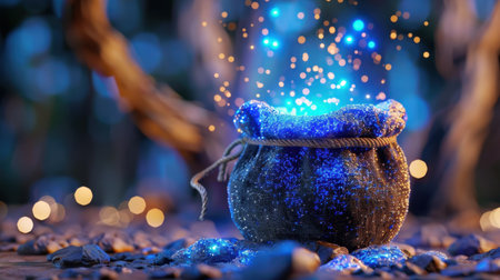 A magical bag radiates an enchanting blue glow with sparkling particles, set against a dreamy forest backdrop, creating a captivating atmosphere.の素材