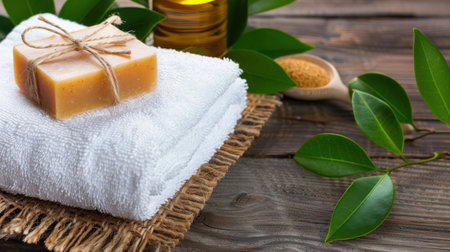 This image showcases a bar of natural soap elegantly placed on a soft towel next to a bottle of olive oil, surrounded by lush green leaves, promoting relaxation and wellness.の素材