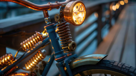 Beautiful close-up of a vintage bicycle featuring copper accents with warm glow, set against a serene wooden boardwalk during dusk. Perfect for capturing the essence of craftsmanship and leisure.の素材