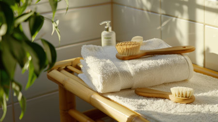 A tranquil bathroom scene featuring soft towels and natural brushes on a bamboo rack, illuminated by sun rays, perfect for promoting relaxation and wellness.の素材