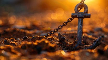 A close-up of a rusty anchor partially buried in sand at the beach during a stunning sunset, featuring warm golden hues and an artistic bokeh effect.の素材
