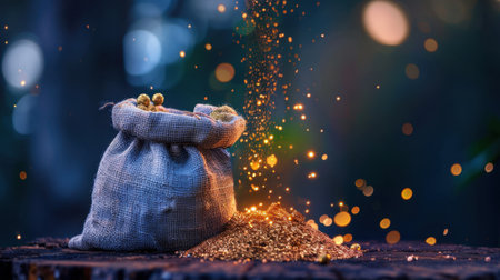 A captivating burlap bag lies open, spilling shimmering gold dust into a serene forest setting. The bokeh lights enhance the enchanting atmosphere, creating a magical scene filled with mystery and beauty. Ideal for themes of treasure, nature, and wonder.の素材
