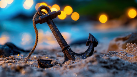 A rustic metal anchor embedded in fine sand at the beach, accented by beautiful bokeh lights from calming ocean waves and twilight hues.の素材