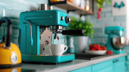 A vibrant kitchen scene showcasing a stylish coffee machine preparing a fresh espresso. A white cup awaits the rich brew, accompanied by colorful ingredients, creating a cozy and inviting atmosphere perfect for morning routines.の素材