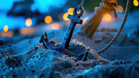 A rustic anchor partially buried in soft sandy beach surrounded by glowing bokeh lights at twilight, creating a serene and tranquil atmosphere.の素材