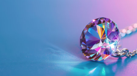 This image features a close-up view of a dazzling gemstone pendant that showcases vibrant reflections against a smooth blue and purple background, evoking elegance.の素材