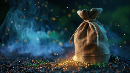 This captivating image features a mysterious fabric pouch resting on a bed of shimmering particles, enveloped in soft smoke, creating an enchanting atmosphere.の素材