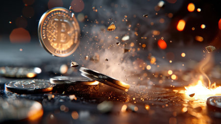 A striking visual representation of cryptocurrency with Bitcoin coins exploding amidst clouds of dust and vibrant light effects, capturing the essence of financial innovation.の素材