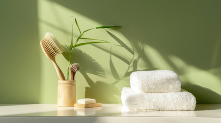 This image captures a serene bathroom scene featuring soft white towels, natural bamboo toothbrushes, and green foliage, creating a relaxing atmosphere.の素材