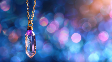 A stunning crystal pendant hangs gracefully on a gold chain, creating a beautiful focal point against a dreamy, colorful bokeh background. The soft focus adds depth and elegance.の素材