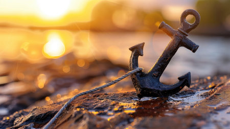 A tranquil sunset scene featuring a rustic anchor resting on a rocky shore, with calm water reflecting the warm light, capturing a moment of serenity.の素材