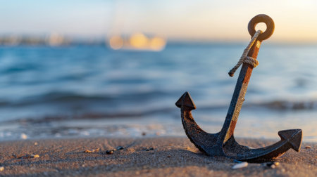 A rustic anchor sits serenely on a sandy beach, framed by gentle waves and a breathtaking sunset, evoking a sense of peace and relaxation.の素材