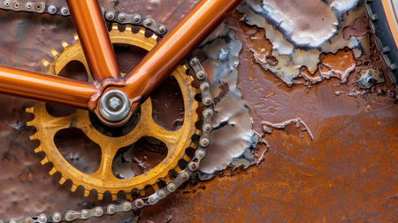 A detailed close-up showcasing a bicycle gear and chain positioned against a rustic metal surface, perfect for illustrating urban cycling themes and industrial design.の素材