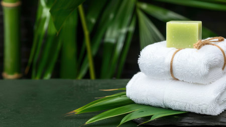 A serene spa scene featuring soft white towels and a natural green soap bar atop a dark stone surface, accented by lush green leaves, promoting relaxation.の素材
