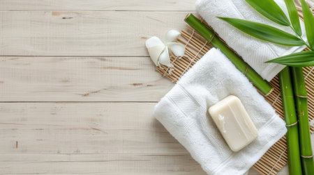 Create a serene atmosphere with this elegant spa setup. Featuring soft towels, bamboo accents, and a natural soap, it embodies tranquility and self-care.の素材