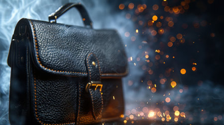 This image features an elegant black leather bag with a textured surface, beautifully showcased against a smoky backdrop enhanced by warm bokeh lights, ideal for branding.の素材