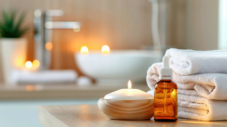 A serene bathroom scene featuring aromatic oil, soft towels, and flickering candles that create a peaceful atmosphere ideal for relaxation and self-care.の素材