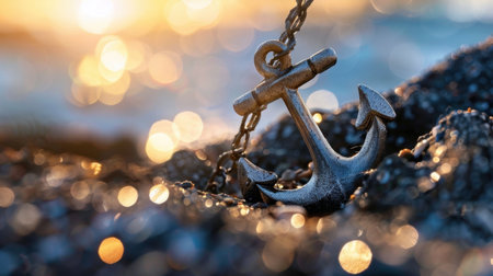 A stunning close-up of a silver anchor resting on rugged rocks, illuminated by a beautiful sunset. The background features a dreamy bokeh, creating a tranquil and serene atmosphere.の素材