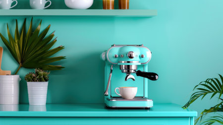This vibrant kitchen scene showcases a retro espresso machine in striking turquoise, complemented by a coffee cup and stylish indoor plants, creating a lively atmosphere.の素材