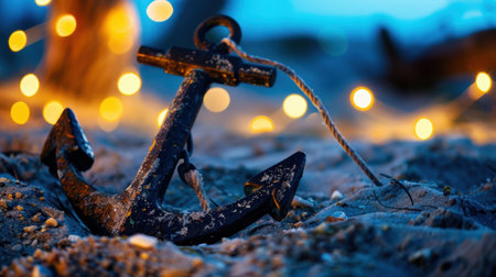 This image captures a rustic anchor resting on beach sand, illuminated by soft, dreamy lights in the background, evoking a tranquil evening mood.の素材