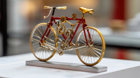 A stunning decorative bicycle model featuring intricate gears and a striking red frame, perfect for art lovers and as a home decor piece.の素材