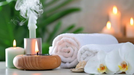 A serene spa scene featuring soft white towels, glowing candles, and aromatic incense creating a peaceful environment for relaxation and rejuvenation.の素材