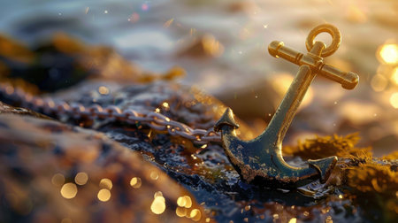 A rustic anchor rests on a rocky shoreline, illuminated by golden hour sunlight. Soft bokeh lights reflect in the shimmering water, creating serene beauty.の素材