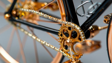 This close-up image showcases the intricate details of bicycle gears and chain, highlighting the craftsmanship and mechanical beauty in fine art photography.の素材