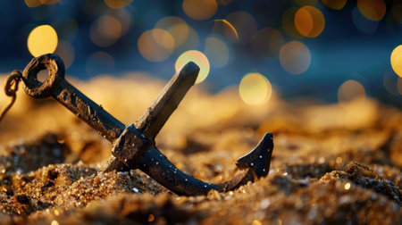A weathered anchor rests on sandy beach, surrounded by shimmering grains and soft bokeh lights, creating a tranquil coastal scene perfect for relaxation.の素材
