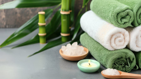 A serene spa setting featuring neatly arranged soft towels and bamboo accents alongside a calming candle. Perfect for relaxation themes.の素材