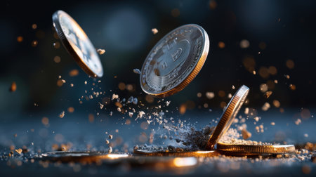 A captivating image depicting coins in motion, surrounded by a cloud of dust particles, symbolizing financial dynamics and wealth creation in a modern economy.の素材