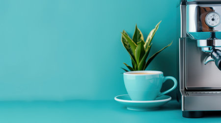 A soothing scene featuring a turquoise coffee cup next to a shiny espresso machine, complemented by a vibrant green plant against a blue backdrop.の素材