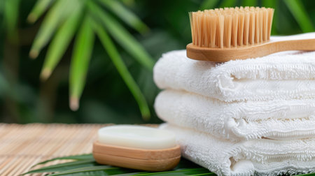 A serene arrangement of soft white towels, organic soap, and a bamboo brush, perfectly set against lush greenery, promoting relaxation and self-care.の素材