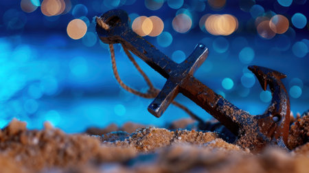 A weathered metal anchor rests on a sandy beach, surrounded by shimmering blue water and soft bokeh lights in the background, creating a peaceful night scene.の素材