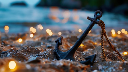 A vintage rusty anchor rests partially buried in the soft sand of a serene beach, surrounded by glowing lights that create a magical atmosphere at dusk.の素材
