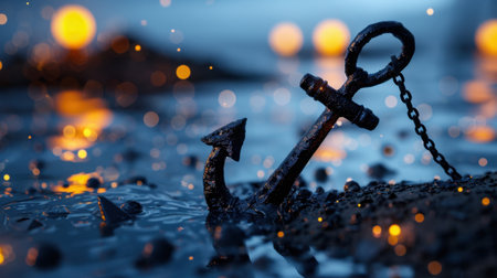 A stunning vintage anchor partially submerged in water, surrounded by soft bokeh lights, creating a tranquil and artistic atmosphere. Ideal for serene nautical themes.の素材