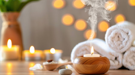 A tranquil spa scene featuring lit candles and aromatic smoke, complemented by neatly rolled towels. Perfect for evoking feelings of relaxation and wellness.の素材