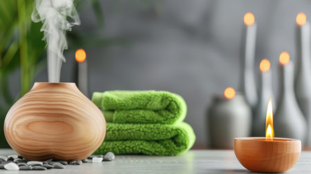 A beautiful spa setup showcasing an essential oil diffuser, plush green towels, flickering candles, and smooth stones, creating a serene environment for relaxation and wellness.の素材