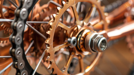 A detailed close-up image of a bicycle gear system, showcasing the intricate design and mechanics of metal components in vibrant copper tones.の素材