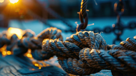 A beautifully captured close-up of twisted rope with soft sunlight illuminating its texture against a serene nautical background, invoking a sense of adventure.の素材