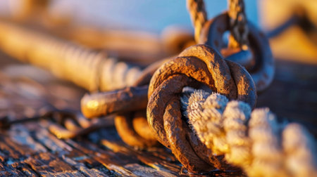 This close-up image showcases a rusty chain intertwined with a rope against a weathered wooden surface, illuminated by soft dawn light, highlighting intricate details.の素材