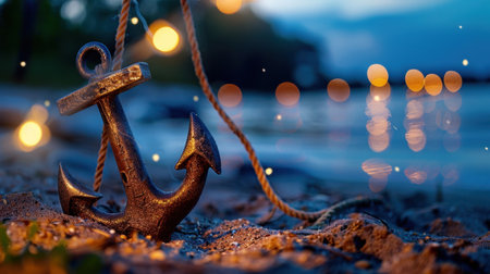 A tranquil beach scene featuring an anchor amidst soft sand and glowing lights. Perfect for themes of relaxation, nature, and seaside beauty.の素材