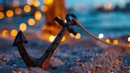 A weathered anchor sits on a sandy beach, illuminated by soft bokeh lights, creating a serene and nostalgic scene at dusk, perfect for evoking tranquility.の素材