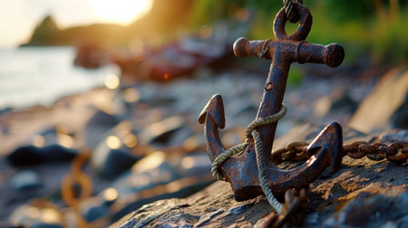 A rustic anchor rests on a rocky shore, illuminated by the soft glow of the sunset. The scene captures the tranquility and beauty of nature, perfect for serene imagery.の素材