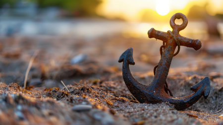 A close-up of a weathered rusty anchor resting on sandy beach at sunset, creating a nostalgic atmosphere with soft light reflecting over calm water.の素材