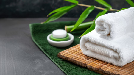 This image showcases a calming spa arrangement featuring soft white towels, bamboo leaves, and natural elements, perfect for capturing the essence of relaxation and wellness.の素材