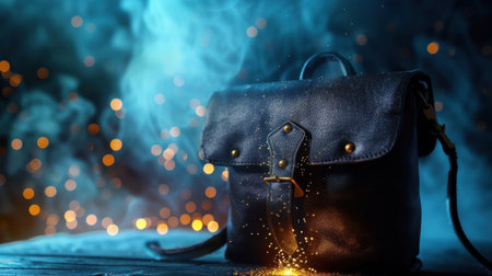 This stunning image captures an elegant leather backpack adorned with sparkling details, set against a captivating background of smoke and bokeh lights.の素材