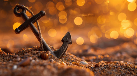 A vintage anchor partially buried in sandy beach showcases beautiful sunlight with a warm bokeh effect in the background, evoking a sense of tranquility.の素材