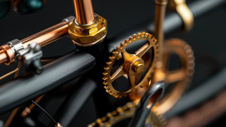 A striking close-up image of a vintage bicycle gear mechanism showcasing intricate details, sleek metal finishes, and a rich color contrast.の素材